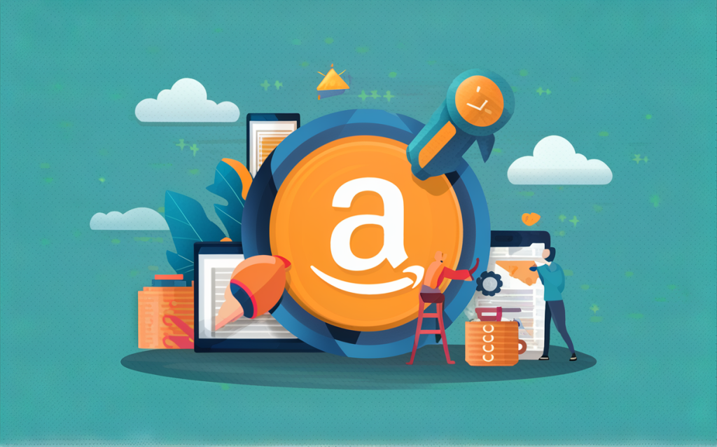 An illustration depicting various elements related to Amazon management services, including the Amazon logo, laptops, books, and tiny figures representing people working with these elements.