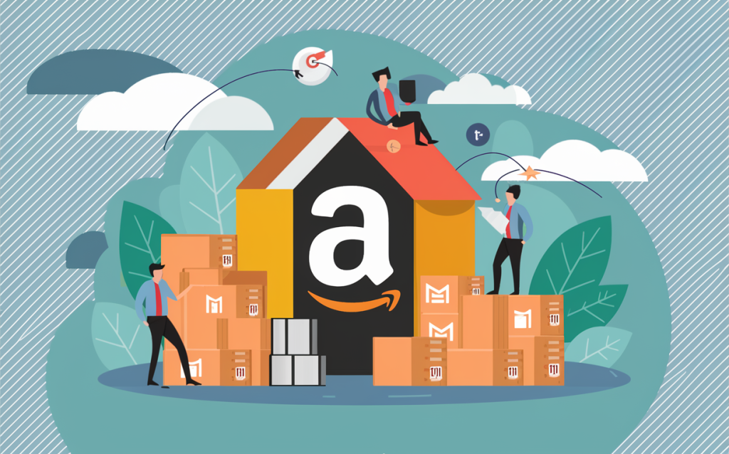 An illustration of an amazon building with boxes organized and stacked on top of each other while 3 workers are managing them.