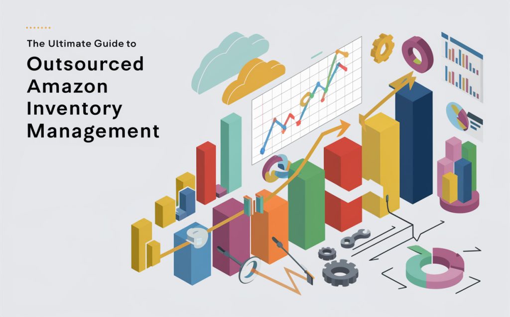 An infographic depicting various analytical charts, graphs, and 3D shapes illustrating the concepts and processes involved in outsourced Amazon inventory management.