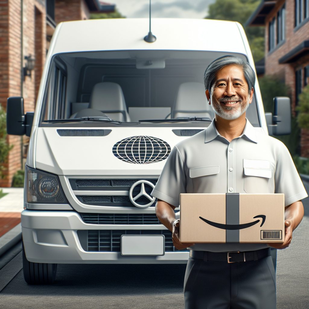 Amazon driver standing in front of his delivery vehicle with an amazon package.