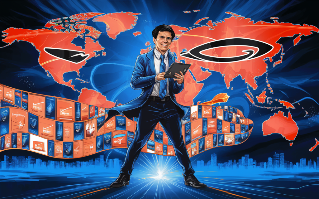 An illustration of a business man holding a tablet with a global mat behind him.