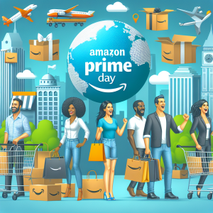 Illustration of consumers being happy on amazon prime day holding amazon bags.